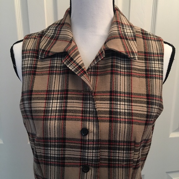 Behar hunt button tan red black stripe plaid vest - Picture 8 of 8